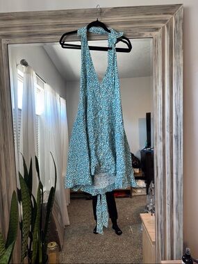 Free People Blue and White Floral Halter Mini Dress